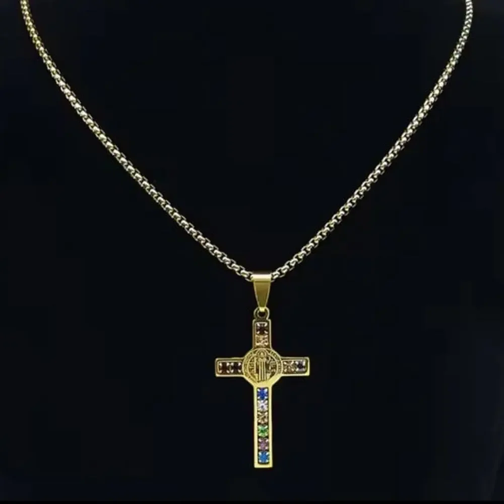 Stainless Cross Necklace Catholic Christian Multicolor Rhinestones Gold Gift NEW